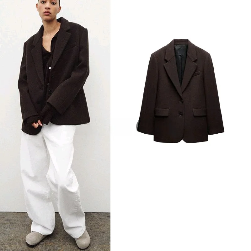 

Spring New Arrival Women's Commuter Sle Wool Blend Loose Long Sve Suit Jaet Classic Single Button Closure Color