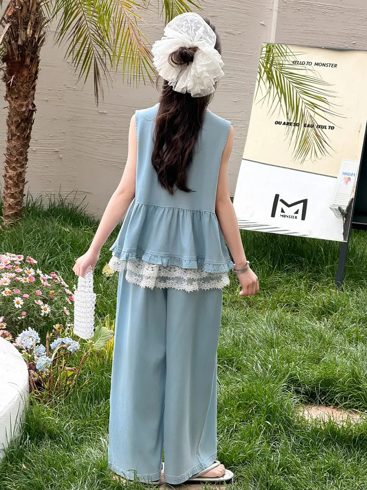 2026 New Teenage Casual Lace Jean Clothing Suits,  Baby Girls Fashion 2 Piece Sets, Top + Pants    5 -12 T