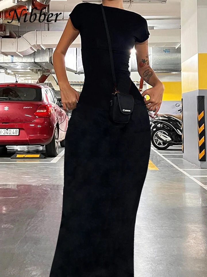 Vestido Largo Sin Espalda Sexy Nibber Sólido Elegante Elástico Ajustado Manga Corta para Mujer Bodycon Ropa de Calle 3