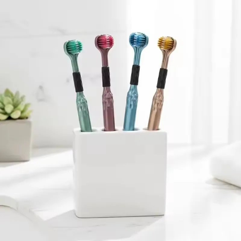 Soft Bristle Triple Head Toothbrush for Adults 3D Design with Tongue Scraper Gentle Cleaning for Sensitive Teeth Home Use