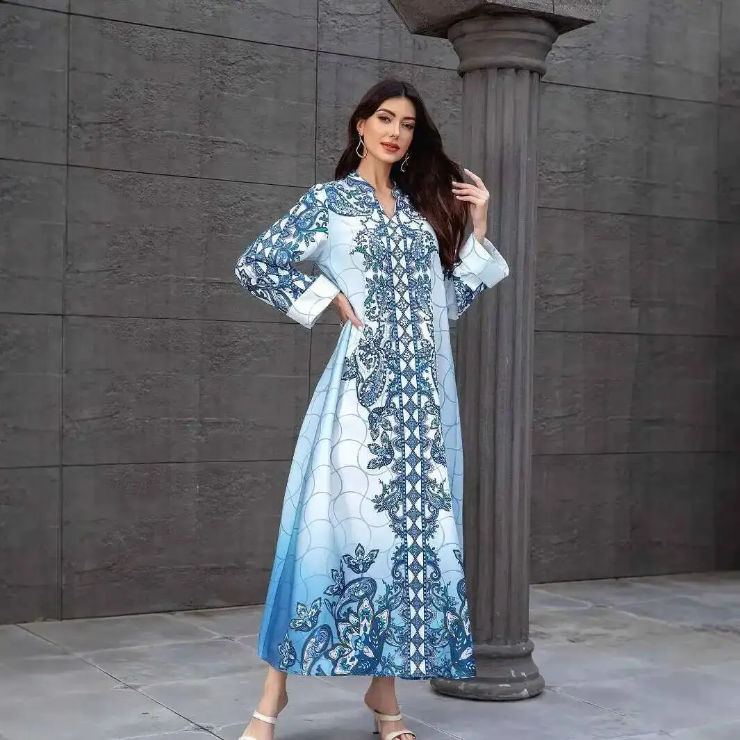 

Sw1113 Fashion Printed V-neck Loose Dress for Women with Beading and Rhinestones Robe Abaya Ramadan Dubai Luxury Islam Elegant