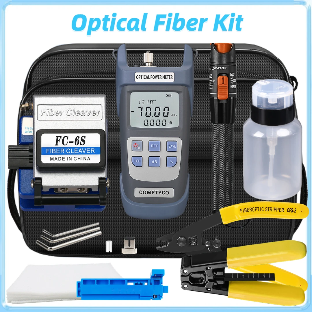 

FTTH Fiber Optic Tool Kit withFC-6S Fiber Cleaver -70~+10dBm AUA-G710A Mini Optical Power Meter Tester 10mw Visual Fault Locator