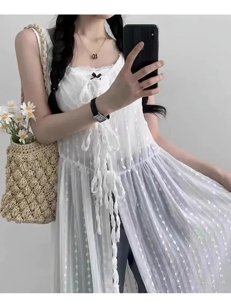 

Beach Vacation Style Layered Lace Cover up Skirt Women Summer Outerwear Open Cardigan Vest Long Net Gown Dress