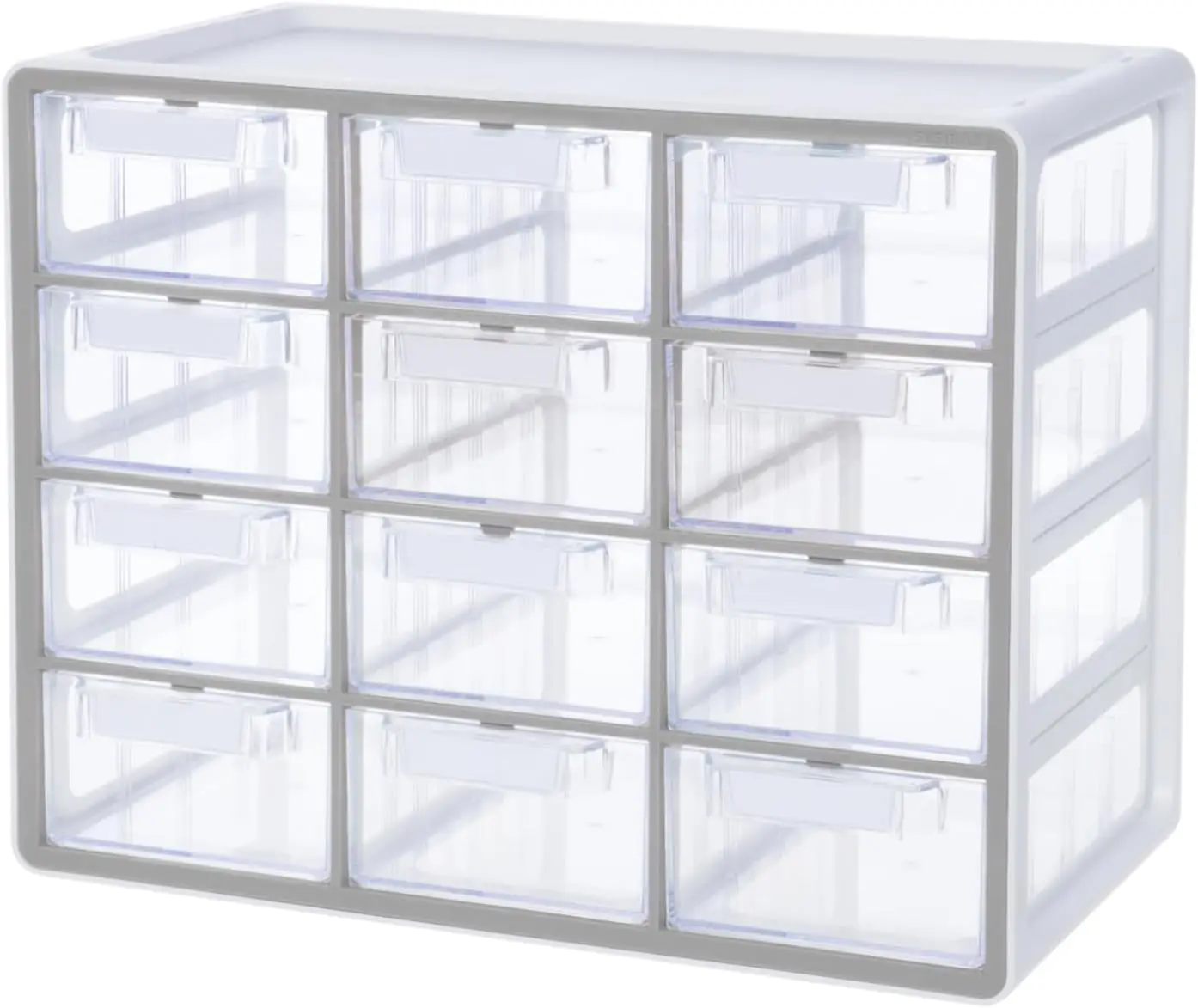 

Большой прозрачный органайзер с 12 выдвижными ящиками для хранения фурнитуры, бисера, канцелярских принадлежностей и материалов для рукоделия, серый цвет