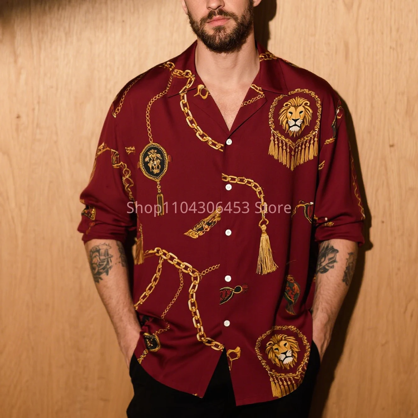 Men's Lion Chain Chain 3D Print Shirt Solid Color Long Sleeve Lapel Retro Business Casual Shirt Hawaii Beach Vacation Wholesale