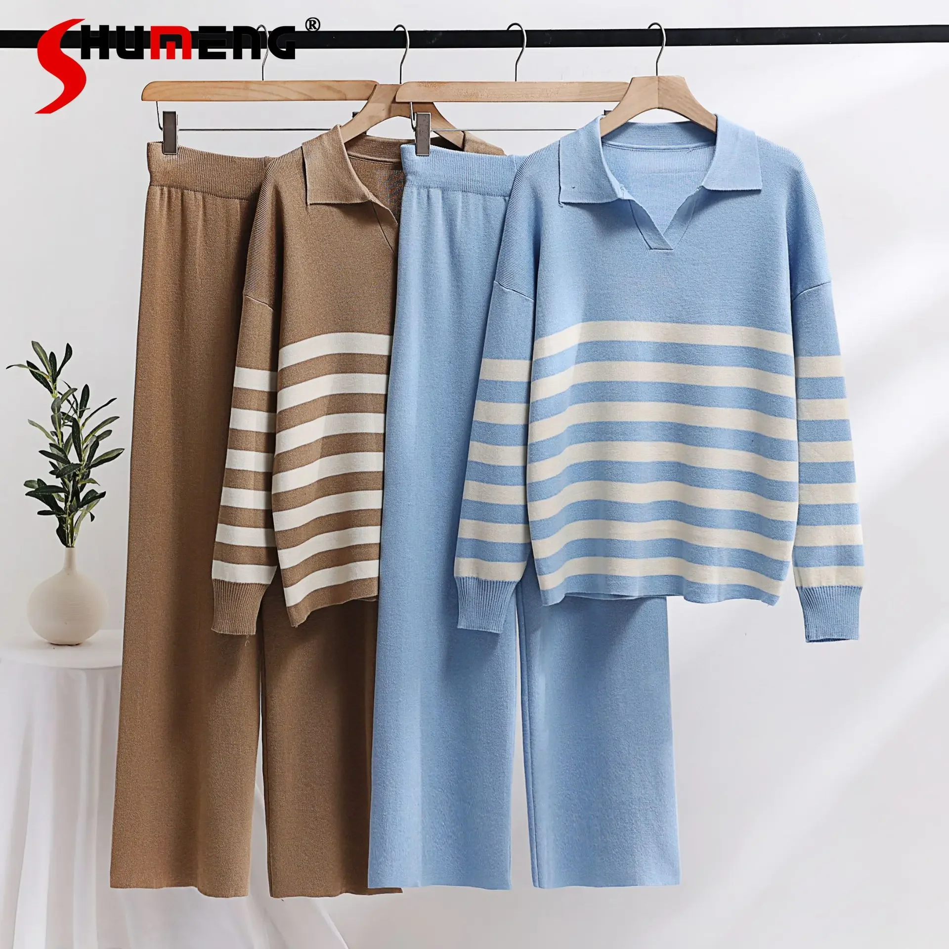 

Women's 2023 Knitted Two-Piece Polo Collar Striped Contrast Color Long Sleeves Sweater Wide-Leg Pants Loose Casual Fashion Suit