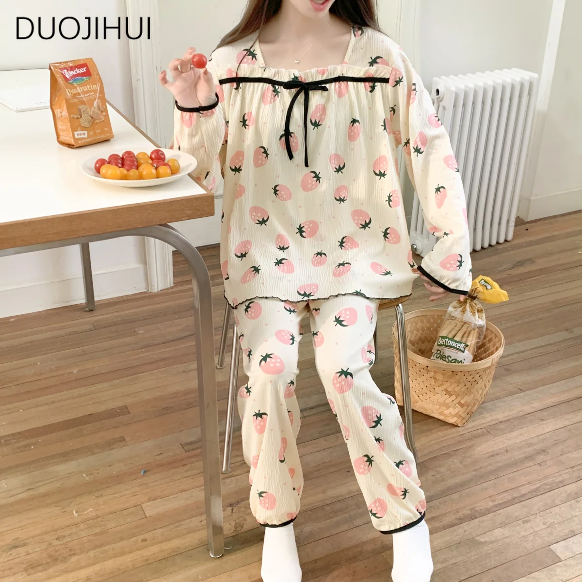 DUOJIHUI-Conjuntos de pijama de duas peças para mulheres, pulôver de manga comprida, Calça simples, estampa chique, moda casual, doce, primavera