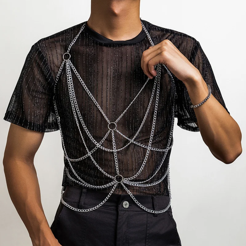 

Men’s Body Chain Harness Silver Multi Layer Chain Chest Harness Party Club Streetwear Jewelry