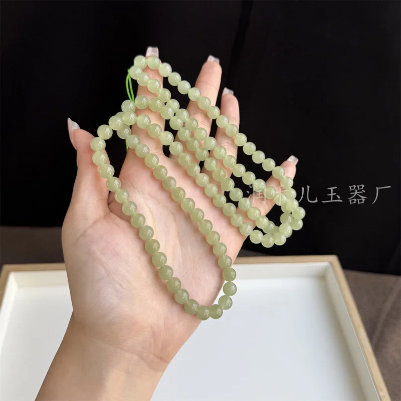-Bottom Hetian Jade 8Mm 108 Beads Necklace, Light Lake Green Multi-Loop Bracelet Bead Chain