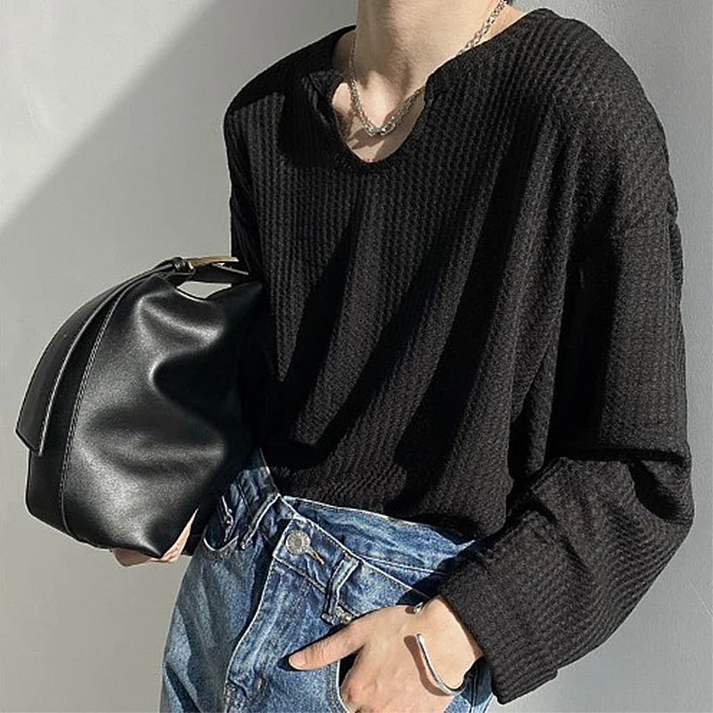 Men's Retro Loose Lazy Stylish Long Sleeve T-Shirt Casual O Neck Solid Exposed Clavicle Tops Breathable Basic Shirt 2025  New