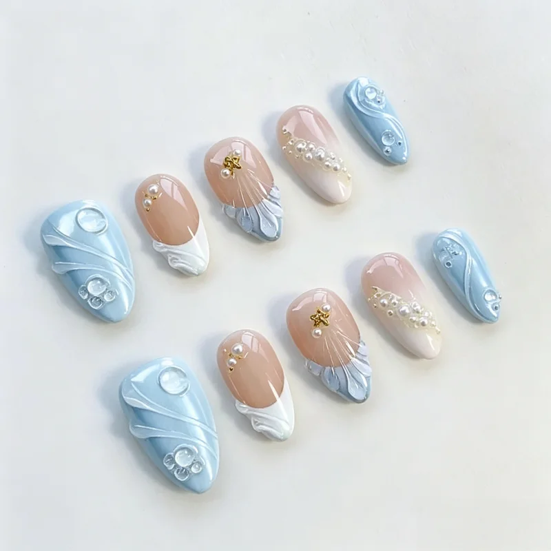 30Pcs False Nails Summer Ocean Style with Cool 3D French Tips High-Quality Press-On Nails Perfect As A Gift for Girls and Friend