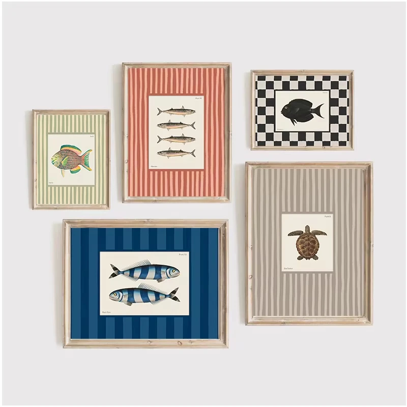 Póster Artístico Moderno con Rayas Retro de Vida Marina, Tortuga, Pulpo, Sardina, Concha de Caracol, Impresión en Lienzo sin Marco para Decoración de Sala de Estar