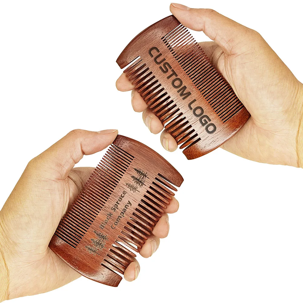 50 Pieces/Pack Custom Logo Red Wood Beard Comb Fine & Wide Teeth Double Sides for Hair Beard Mustache Pocket Size