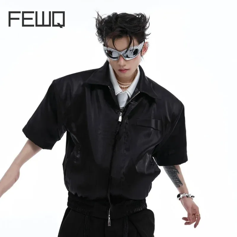 

FEWQ Design Short Sleeved Shirt Short Shoulder Pad High Pleated Top 2024 Turn-down Collar Male Tops New Fashion 24E1285