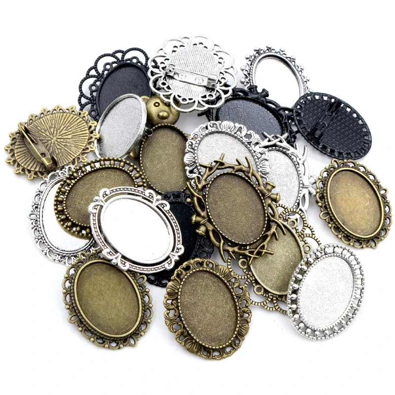 5pcs 18x25mm Inner Size Antique Silver Plated and Bronze Brooch Pin Classic Style Cameo Cabochon Base Setting Tray