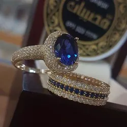 2pcs/set Fashion Gold Color Hip Hop Ring for Women Exquisite Inlaid Zircon Blue Crystal Wedding Rings Bridal Engagement Jewelry