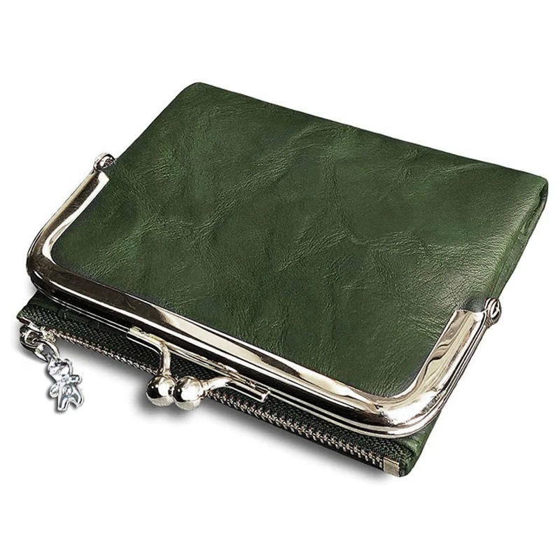 Women Vintage Leather Wallet Kiss Lock Coin Purse Short Clutch Zipper Card Holder Large Capacity Lady Wallet