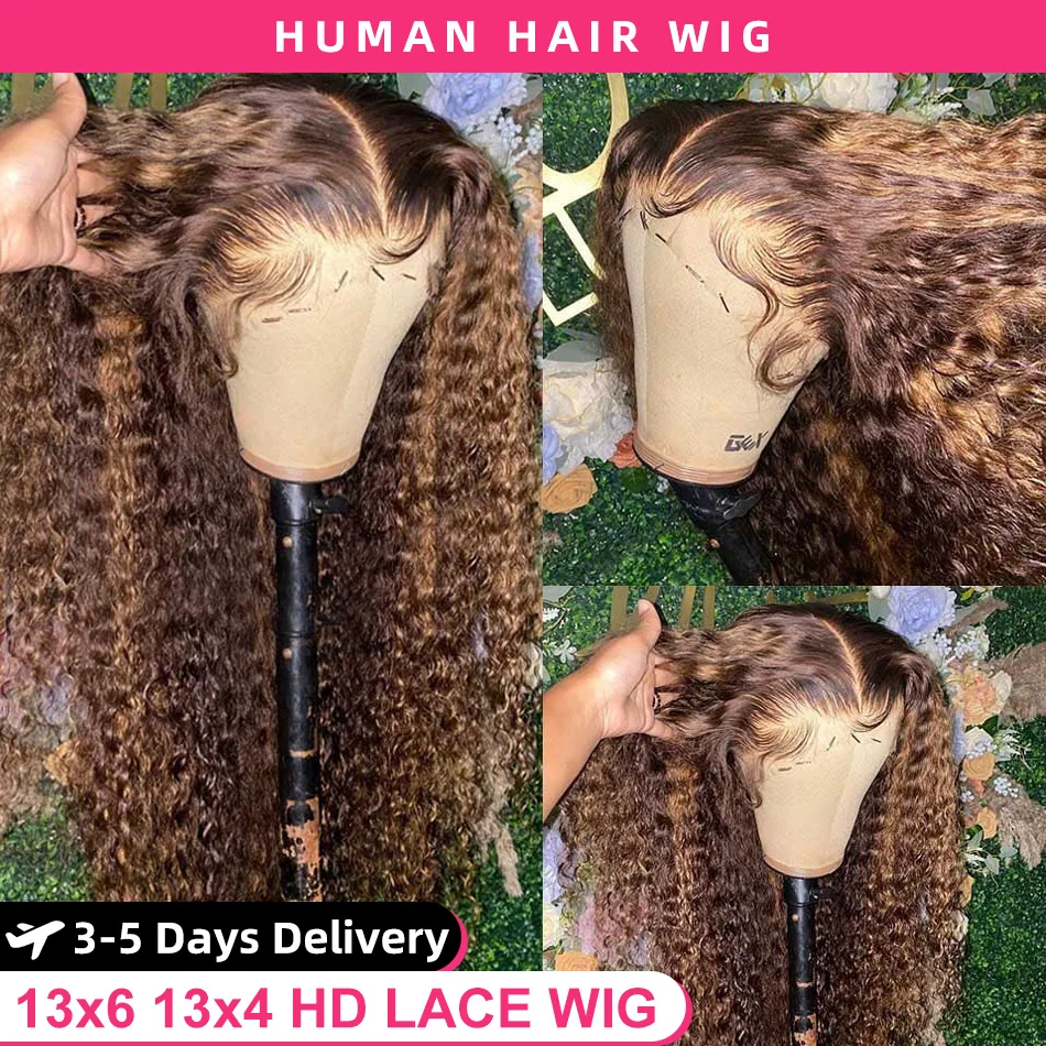 

30 34 Inch Highlight Ombre Lace Front Wig Curly Human Hair Wigs Honey Blonde Colored HD Deep Wave Frontal Wigs For Black Women