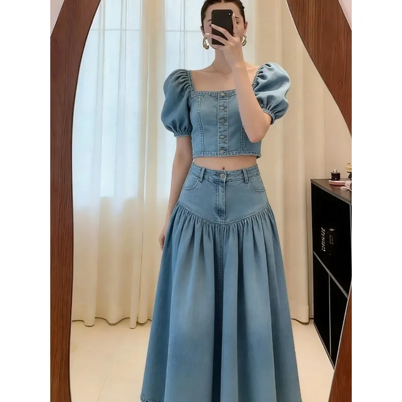 Women Retro Denim Two Piece Set Puff Sleeve Square Neck Crop Top High Waist Flared Maxi Skirt Summer Outfit