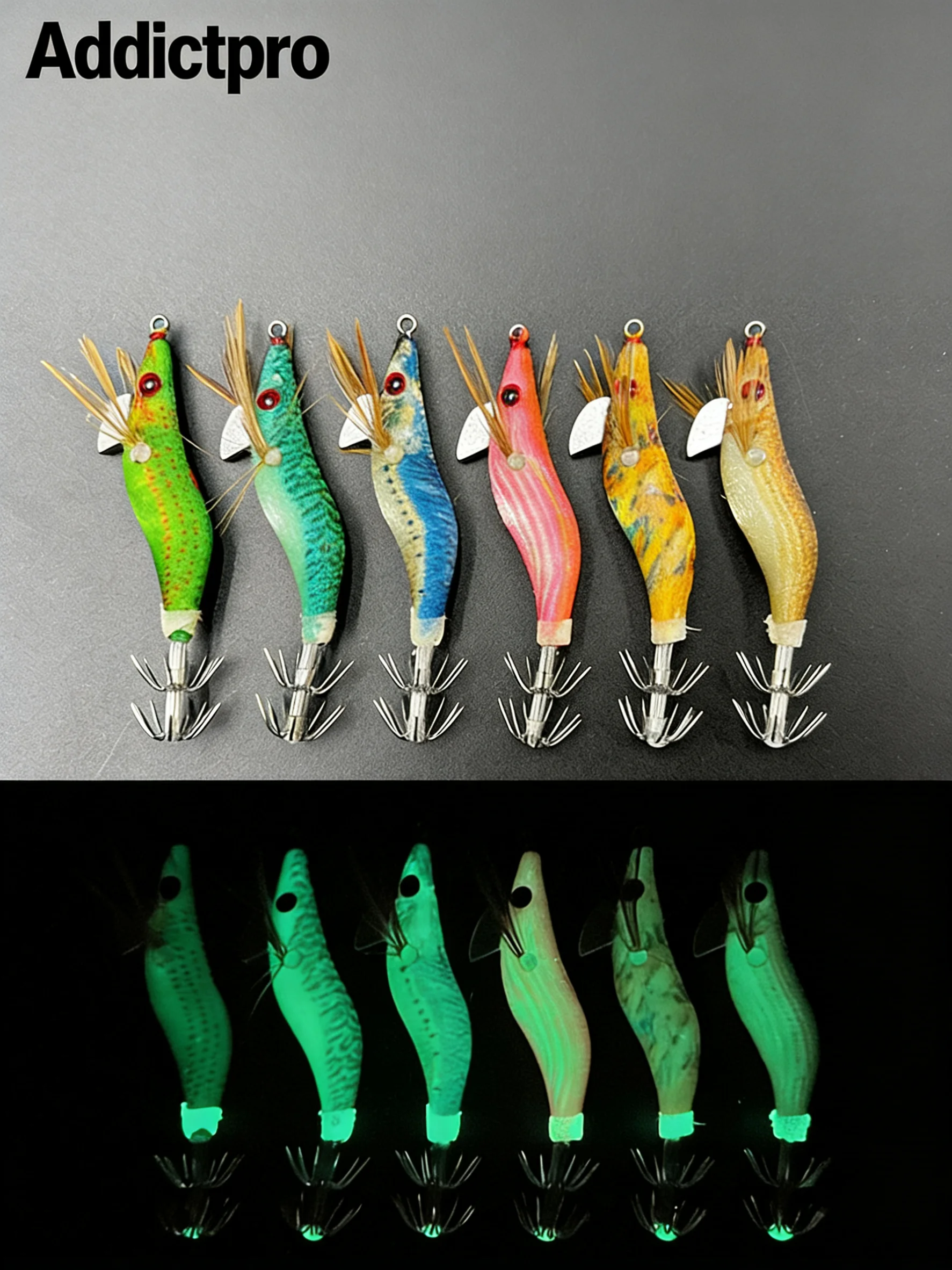 

Addictpro 6Pcs Luminous Glow-in-the-dark Wood Shrimp Squid Hook Jigs Artificial Bait for Saltwater And Freshwater Fishing