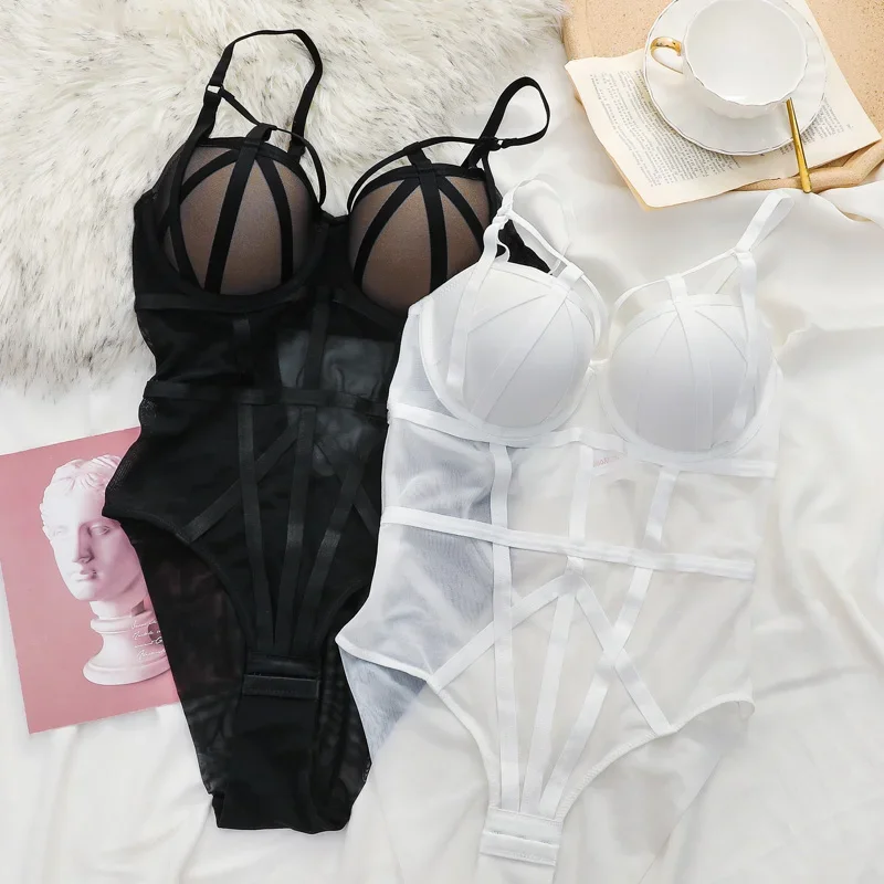 

Sexy lace see-through sling one-piece lingerie seductive bodysuit underwear large size women bralette ladies straps bra