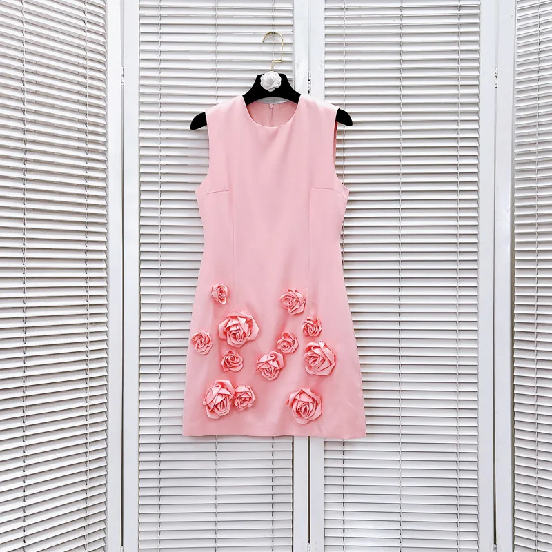 2024 Spring Summer Women's Dresses Sweet Solid Color Satin Three-Dimensional Flower New Sleeveless Dresses Vest Round Neck Dress