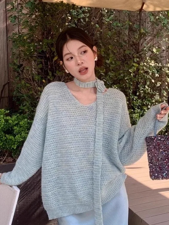 

Ladies Knitted Rose Flower Sa Sweater Casual Sle V-Ne Long Sve Soft Fabric Daily Wear Spring New Arrival Slimming Top