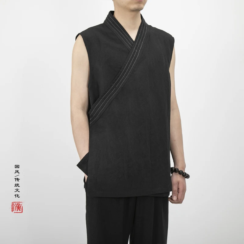 2023 Summer Chinese Traditional Sleeveless Jackets Hanfu Vest Men Linen Cotton  Top Mens Tang Suit Kimono Cardigan Mens Slit Top