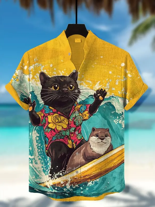 

2025 New Men's Shirts Funny Black Cat Surfing Art 3D Print Hawaiian Shirts Casual Beach Top Summer Men Women Short Sleeve Blouse