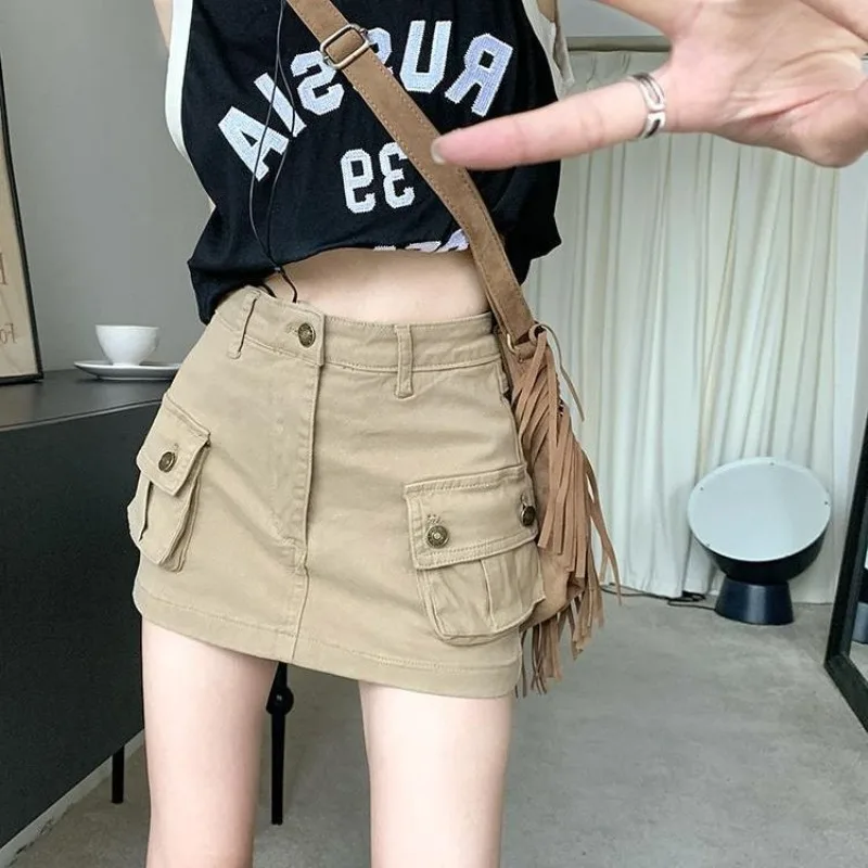 High Waist Khaki Cargo Skort for Women 2026 Autumn Y2K American Slim Anti-Exposure A-Line Mini Skirt Hot Girl Casual Bottoms