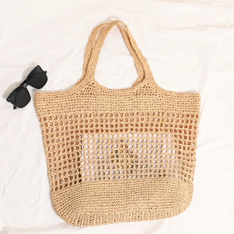 Sacola de palha casual oca para mulheres, grande capacidade, feita à mão, tecer, sacos de ombro grandes, verão, bolsas de praia, bolsas de compras