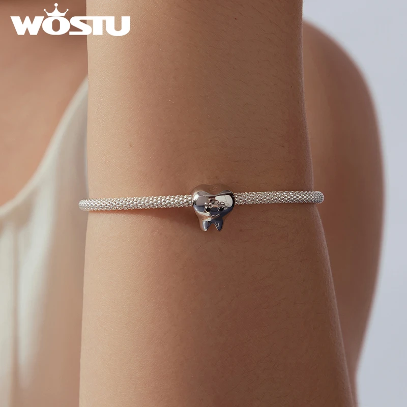 WOSTU Platinum Plated Tooth Charms Beads Fit Charm Bracelets Original Wholesale Jewelry Gift
