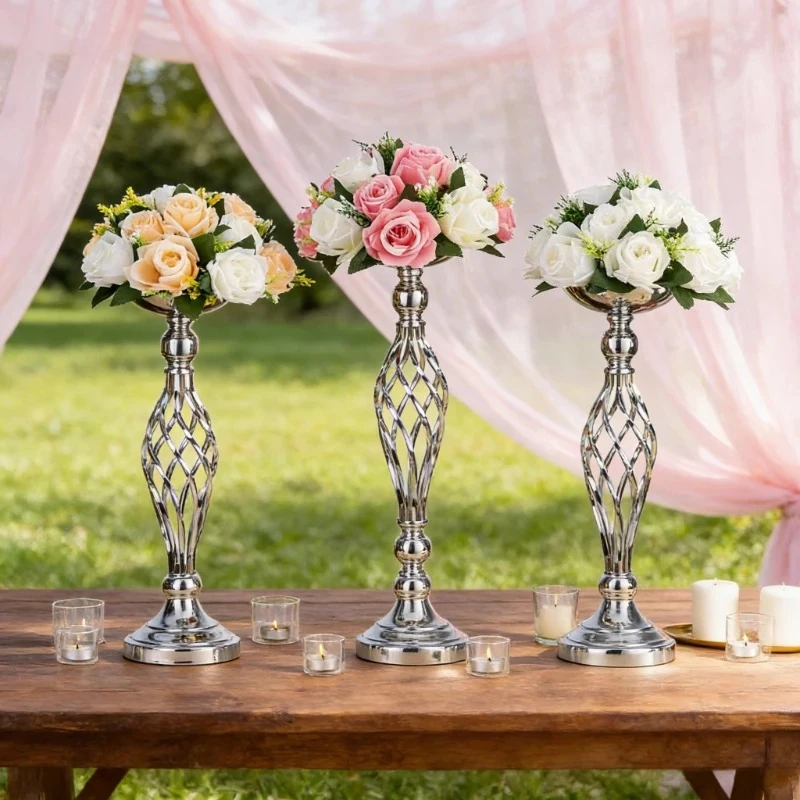 1PC Luxury Twisted Metal Candle Holder Tall Flower Vase Stand, Romantic Gold Silver Wedding Centerpiece for Party Table Decor