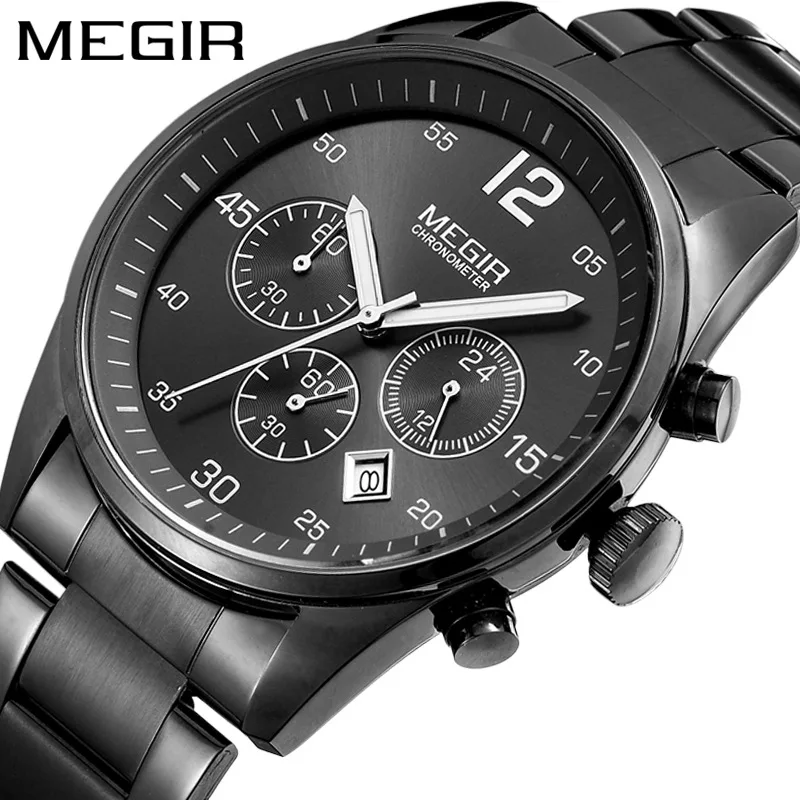 

MEGIR 2010 Men Quartz Watch Fashion Luxury Chronograph Date Analog Display Clock Stainless Steel Strap Wristwatch for Male