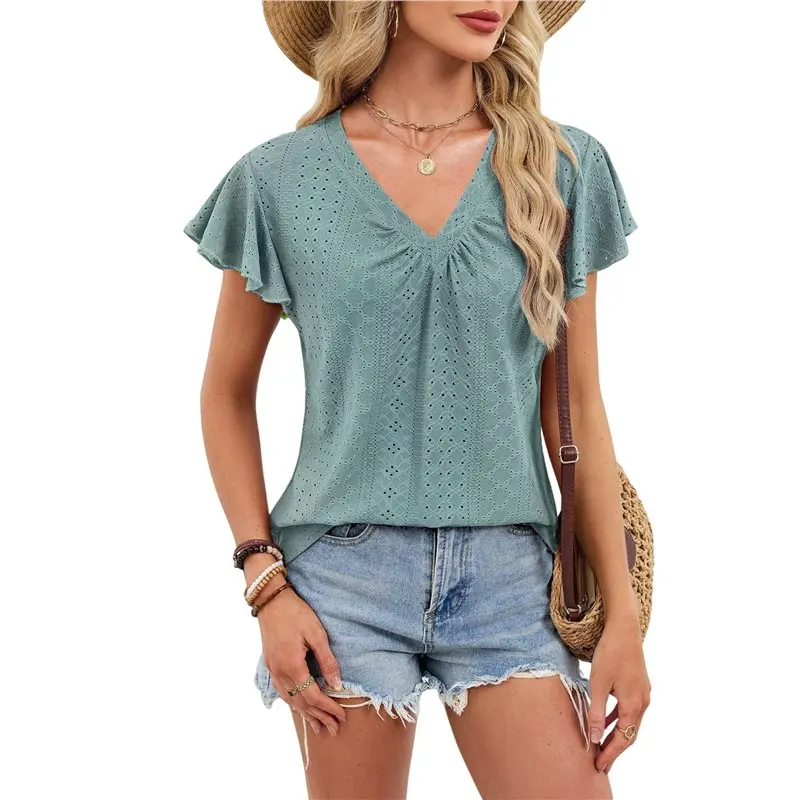

CYL-Womens Summer Tops Ruffle Short Sleeve T Shirts V Neck Eyelet Tunics Casual Loose Tee