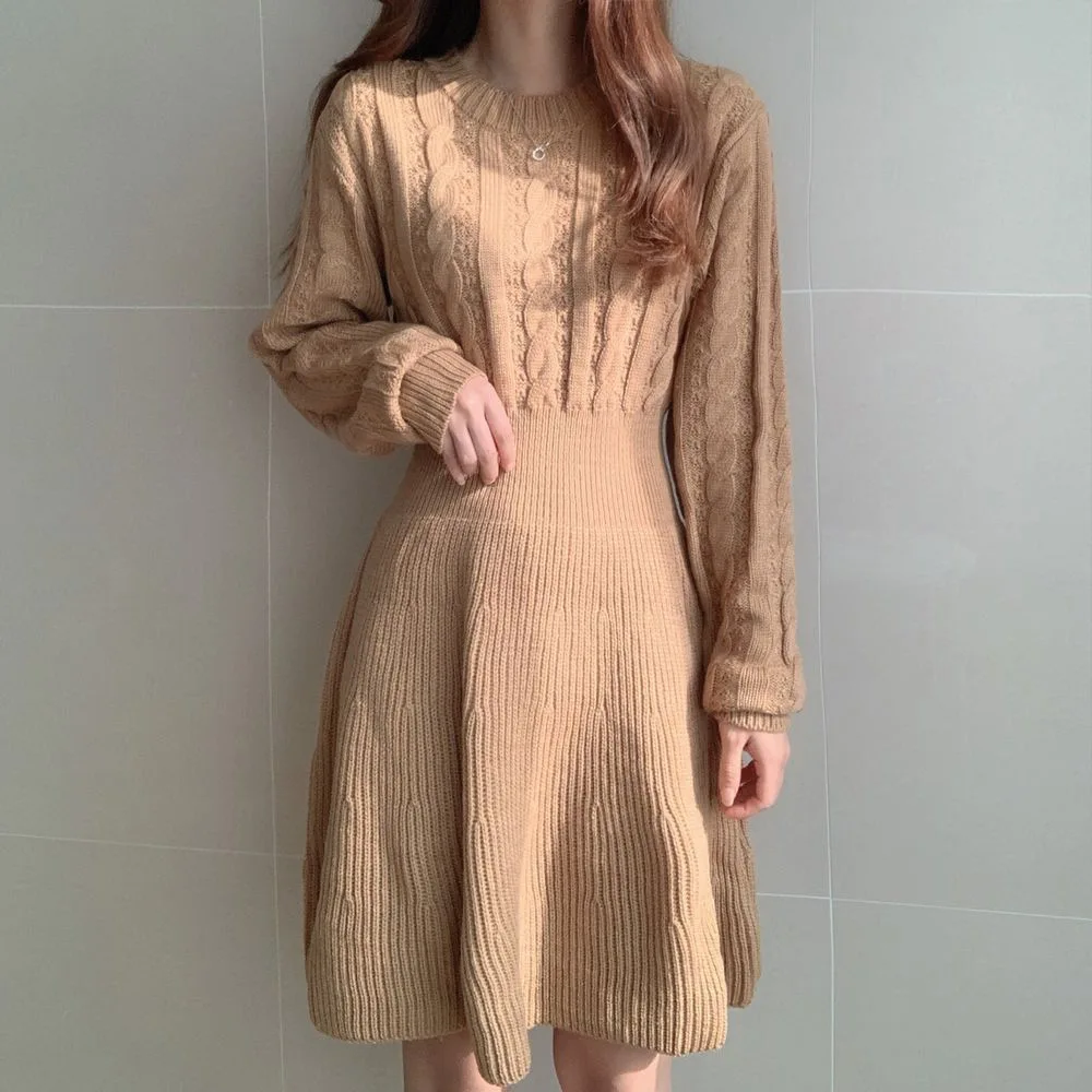 

Women Cable Knitted Dresses Pullover Sweater Dress Casual Solid Y2k Vestidos Full Sleeves Waist Defined Slim Office Lady Autumn