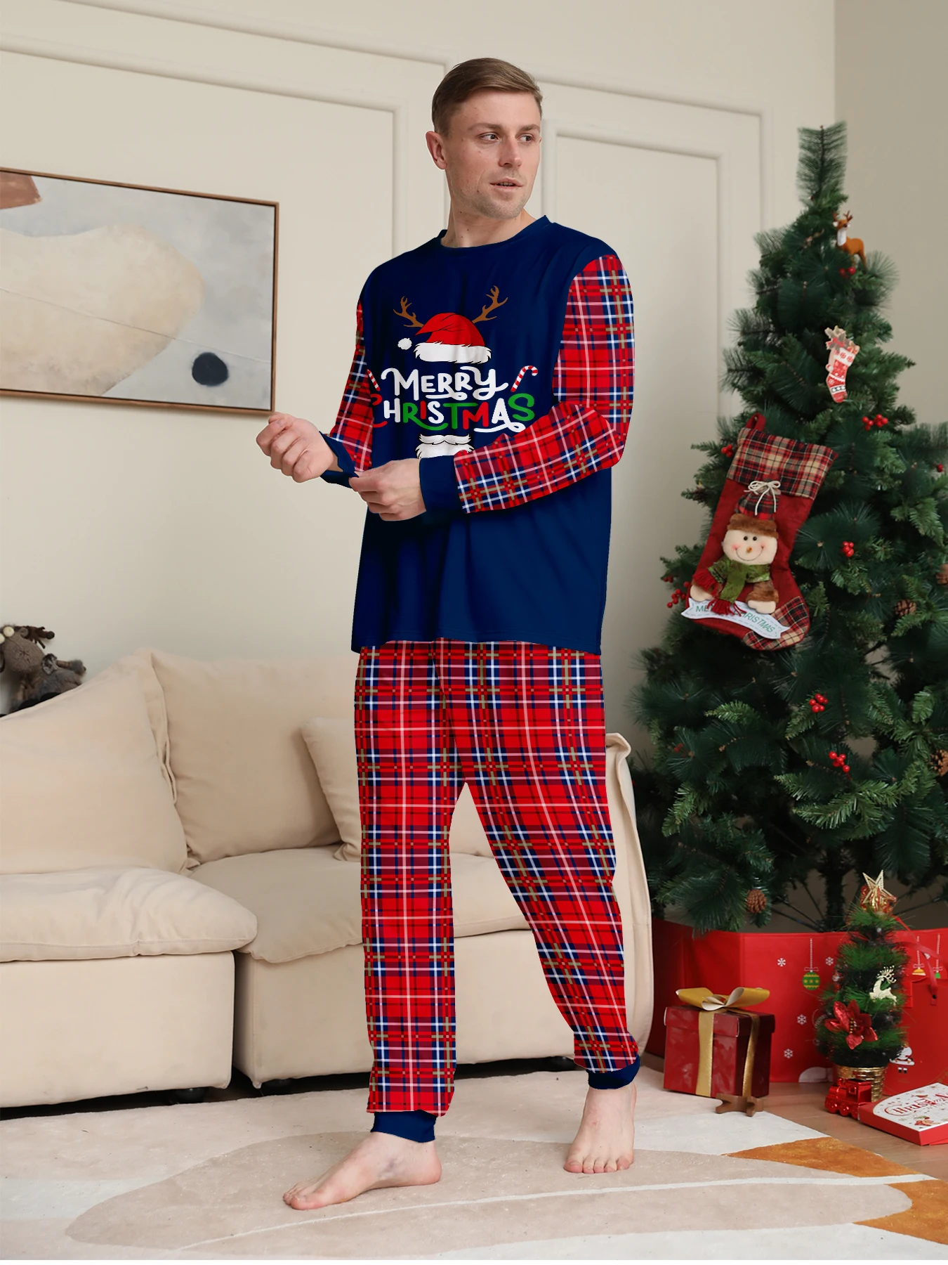 Christmas Couple Sleepwear Set - Long Sleeve Navy Santa Hat Reindeer "Merry Christmas" Print & Red Plaid Pants Pajamas
