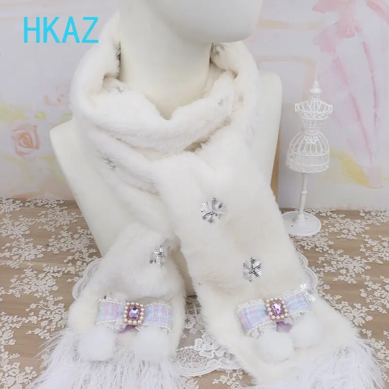 White Scarf Handmade Japanese Style Mass-produced Sweet Cute Girls Winter Sequined Snowflake Embroidered Bow Hairy Scarves