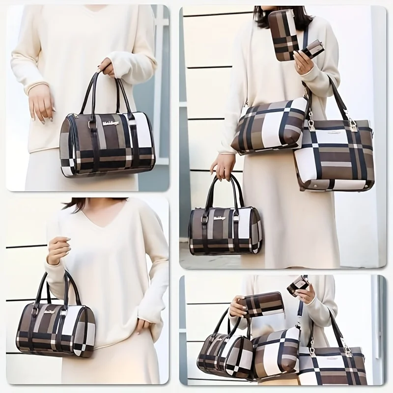 Fashion Plaid 6Pcs Ladies Handbag Set PU Leather Tote Shoulder Bag Wallet Coin Purse Multi-piece Daily Handbags view 6
