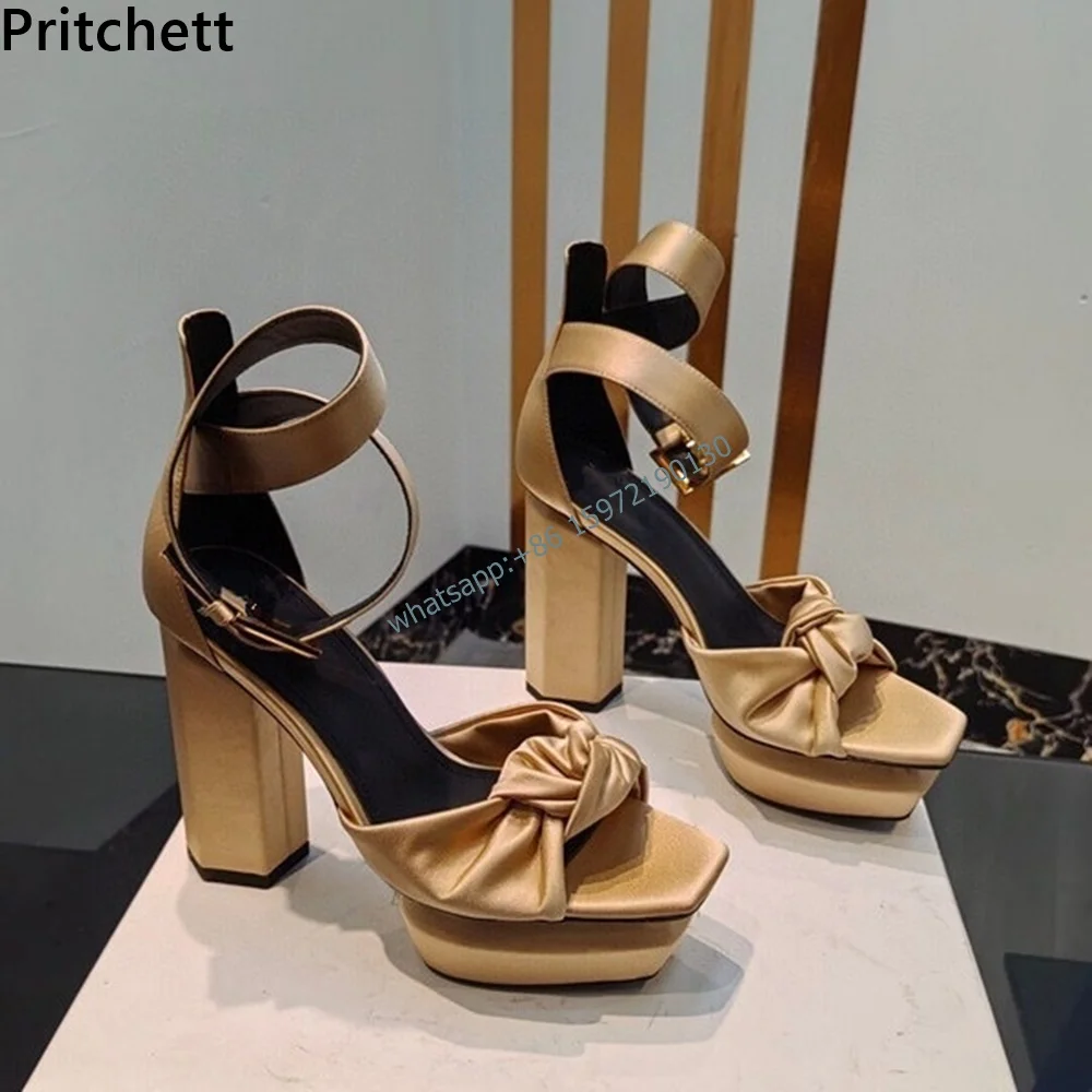 

Platform Satin Twist Sandals Square Toe Chunky Heels Buckle Strap Runway Shoes Solid Summer Sexy Street Shoot Elegant Shoes