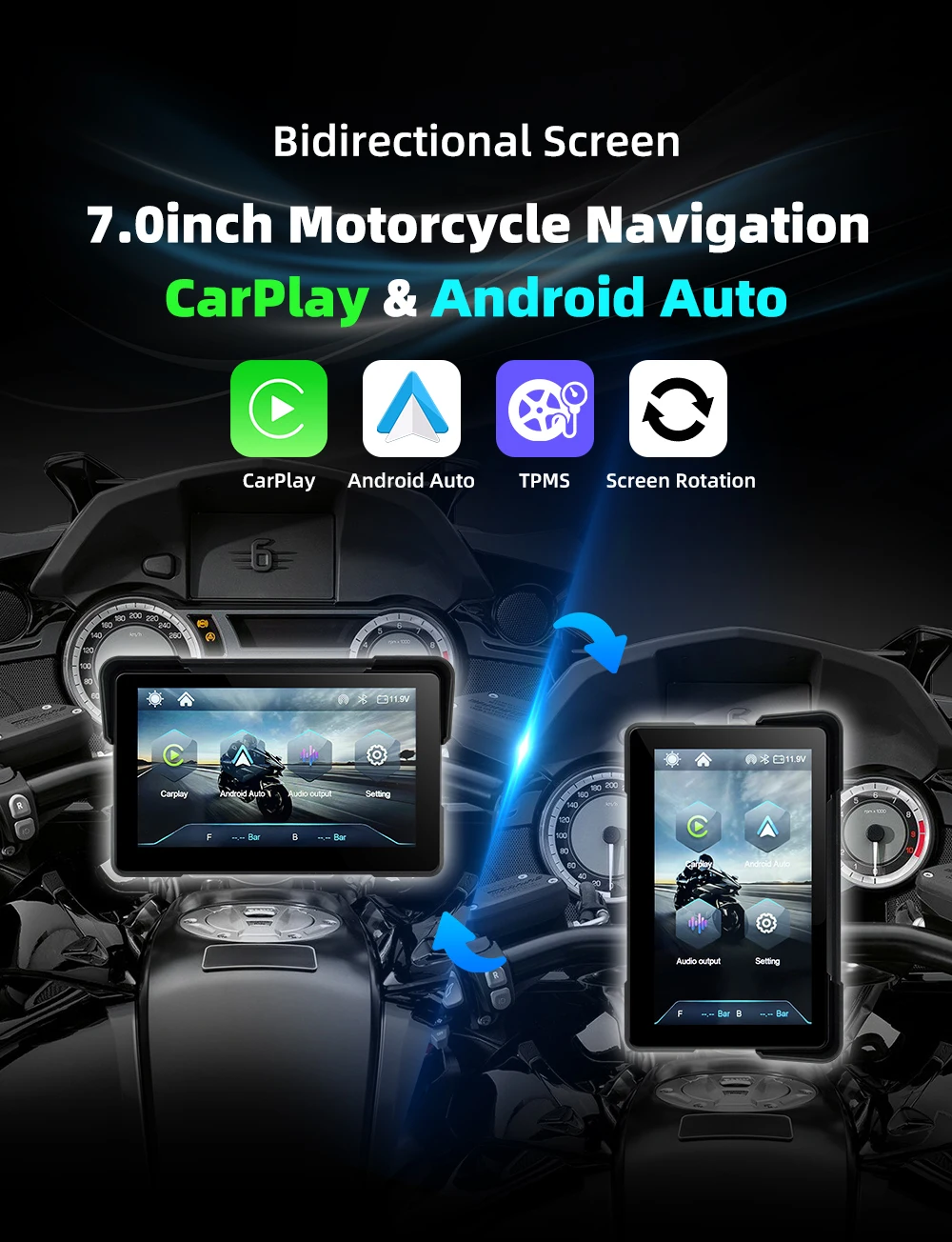 7 inch Wireless Carplay Android Auto GPS Navigation Waterproof IP67 Portable Monitor Screen Display Support TPMS BT 5.0