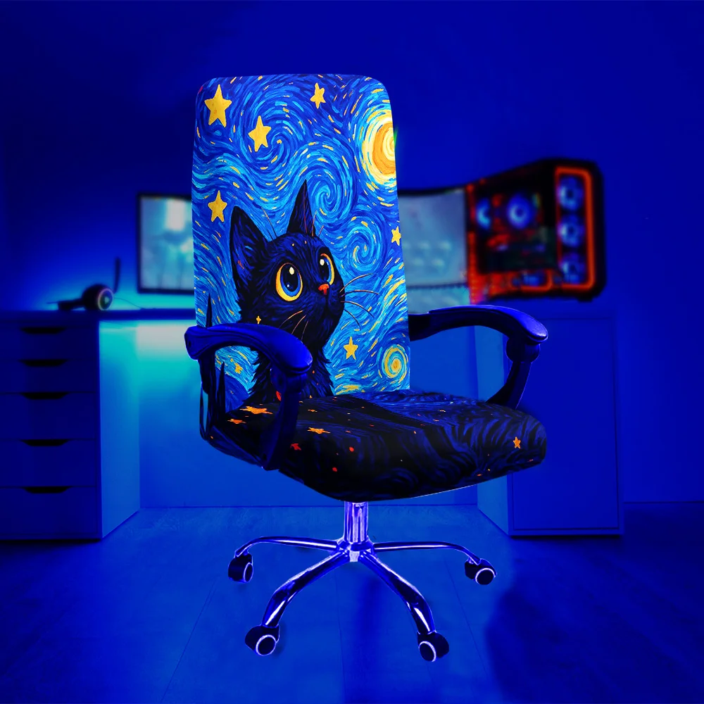 Oil Painting Starry Cat Pattern UV Reactive Glowing Computer Office Chair Cover Washable Boss Chair Cover Game Chair Decoration