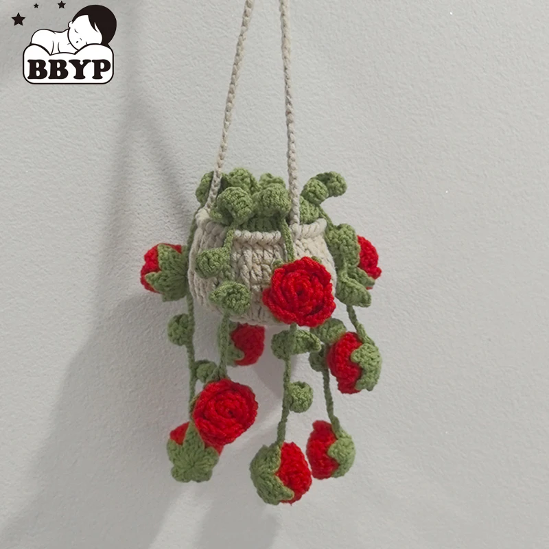 Cesta colgante de rosas tejida a crochet hecha a mano, colgante para coche, pequeño colgante, plantas de peluche, regalo para el Día de la Madre, San Valentín, Navidad, graduación
