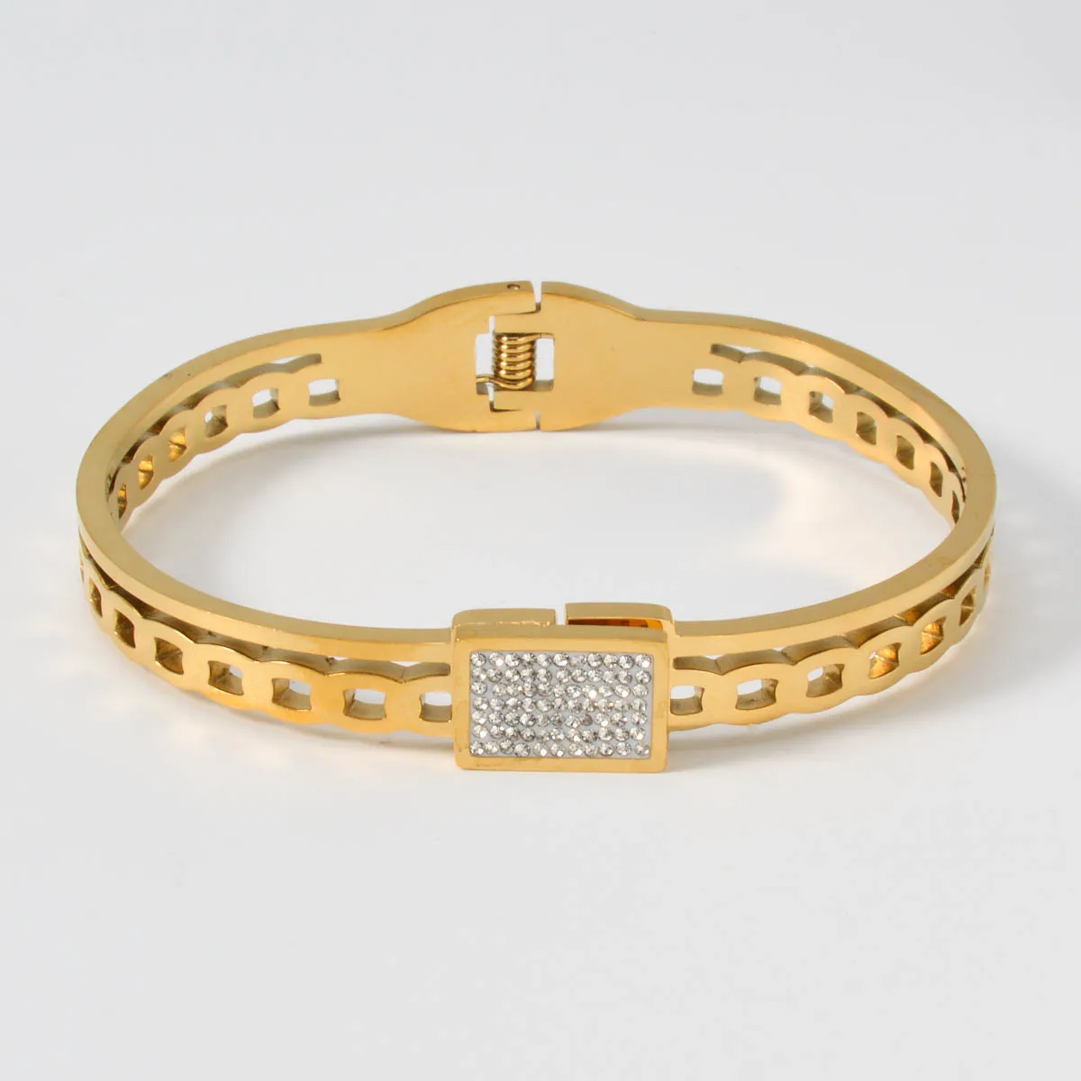 

Rectangular Zirconium Oxide Bracelet Stainless Steel Jewelry Hollow Art Design Simple Elastic Opening Bangle Daily Wear Gifts