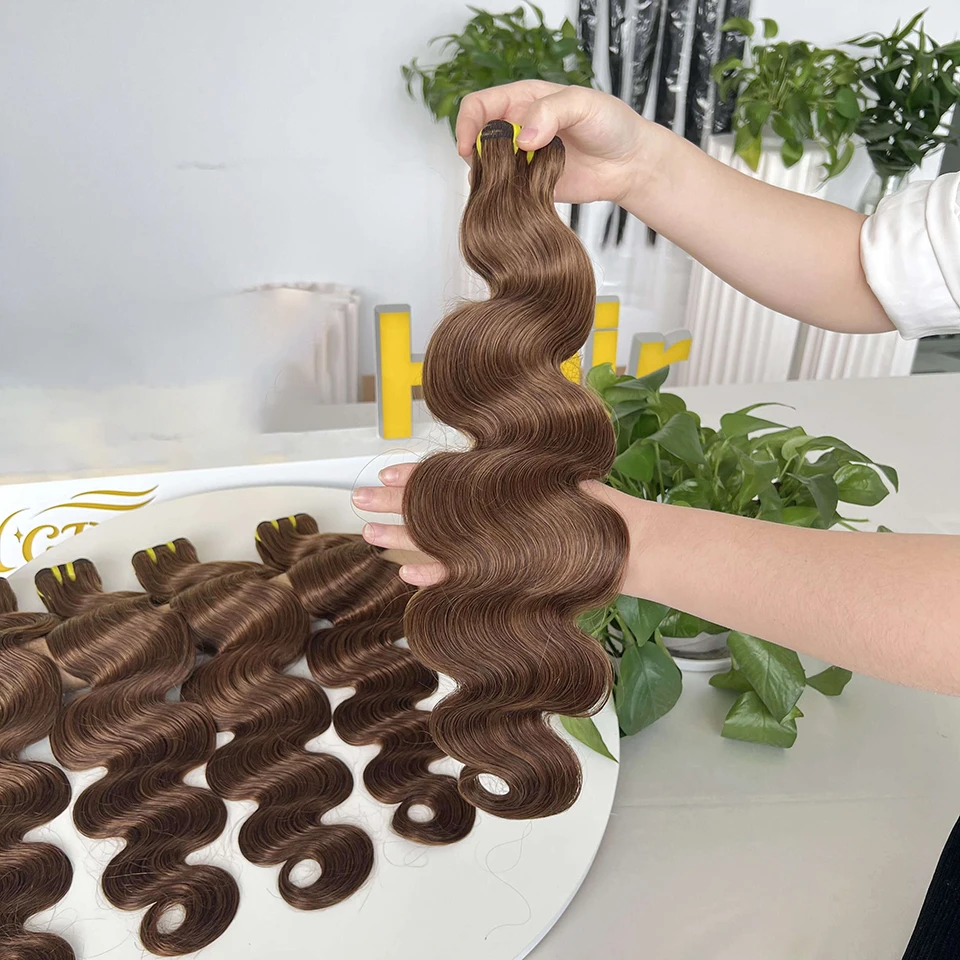 #4 bundel gelombang tubuh hadiah coklat coklat India mentah 3 buah 100% bundel kepang rambut manusia lembut ekstensi rambut ditarik ganda