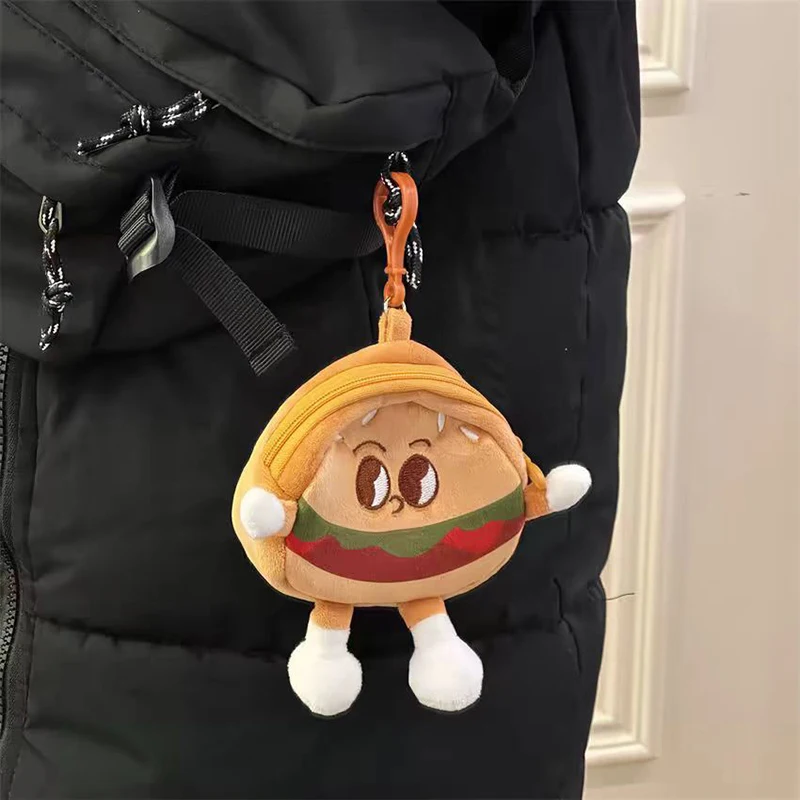 Bolsa de almacenamiento de auriculares de dibujos animados colgante de monedero de felpa de hamburguesa, llavero, bolsa de lápiz labial portátil, estuche para llaves