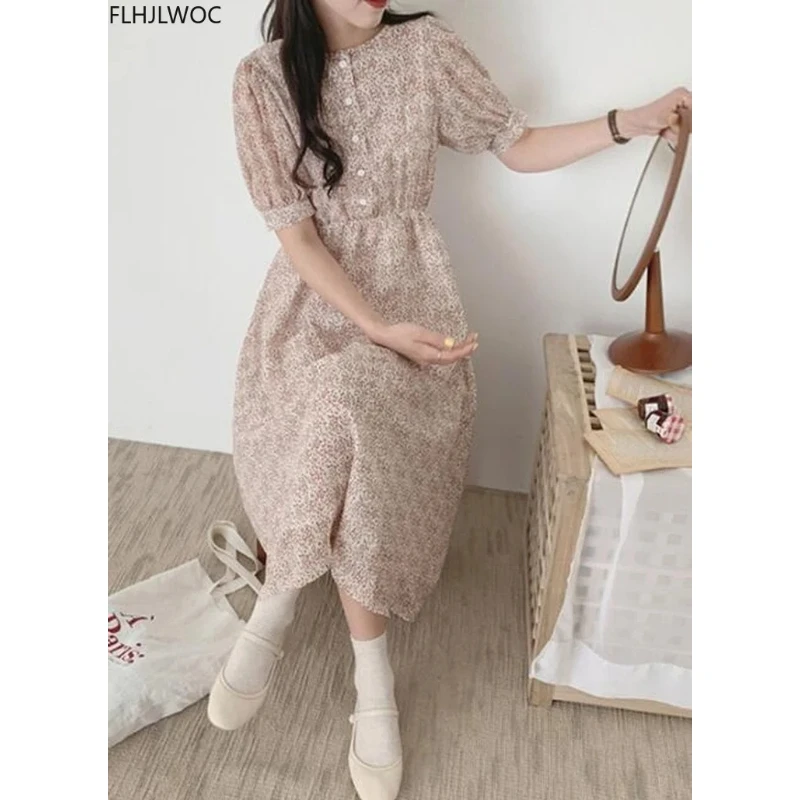 Vintage Printed Dresses Women Fashion Summer Short Sleeve Slim Waist A Line Preppy Style Girls Korean Style Clothes Design Dress
