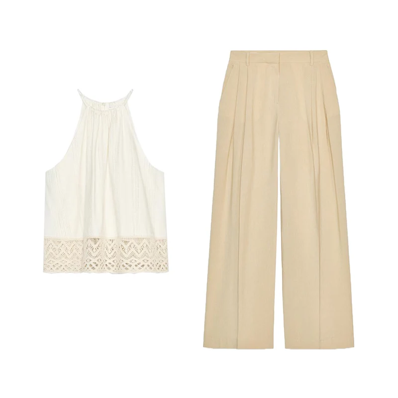 ستايل عطلة الصيف: بلوزة ذات فتحة خلفية من خليط الكتان مع بنطلون واسع الأرجل مطوي، طقم من قطعتين برقبة مستديرة وأكمام قصيرة