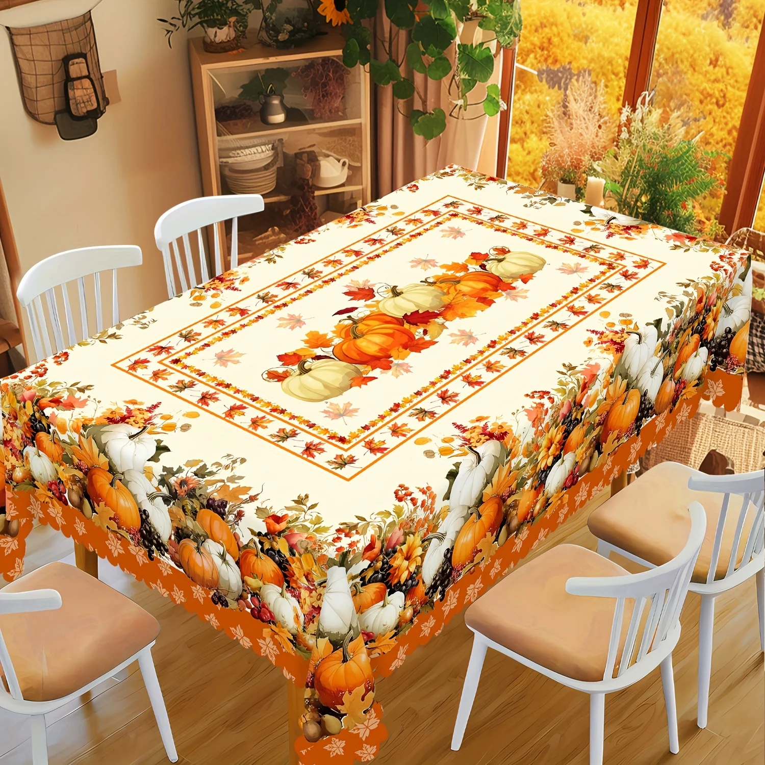 One tablecloth with a harvest theme, featuring the colors of white, orange and brown, representing a bountiful harvest.