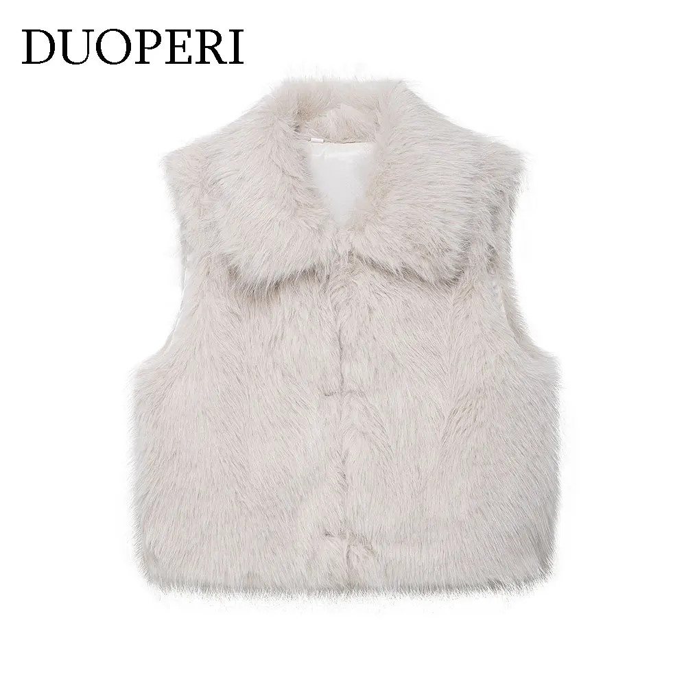 

DUOPERI Women's Fashion Faux Fur Beige Hidden Breasted Jacket Vest Sleeveless Lapel Neck Female Chic Lady Waistcoats